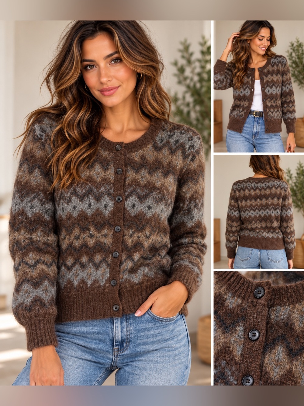 Wilfred Aritzia Fair Isle Wool Blend Cardigan Brown Gray Cozy Knit Size L